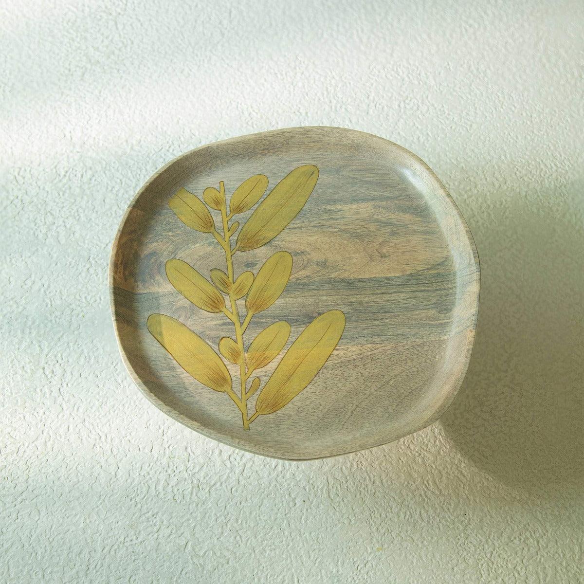 Hand-Painted Leaf Wooden Cake Stand - Yellow