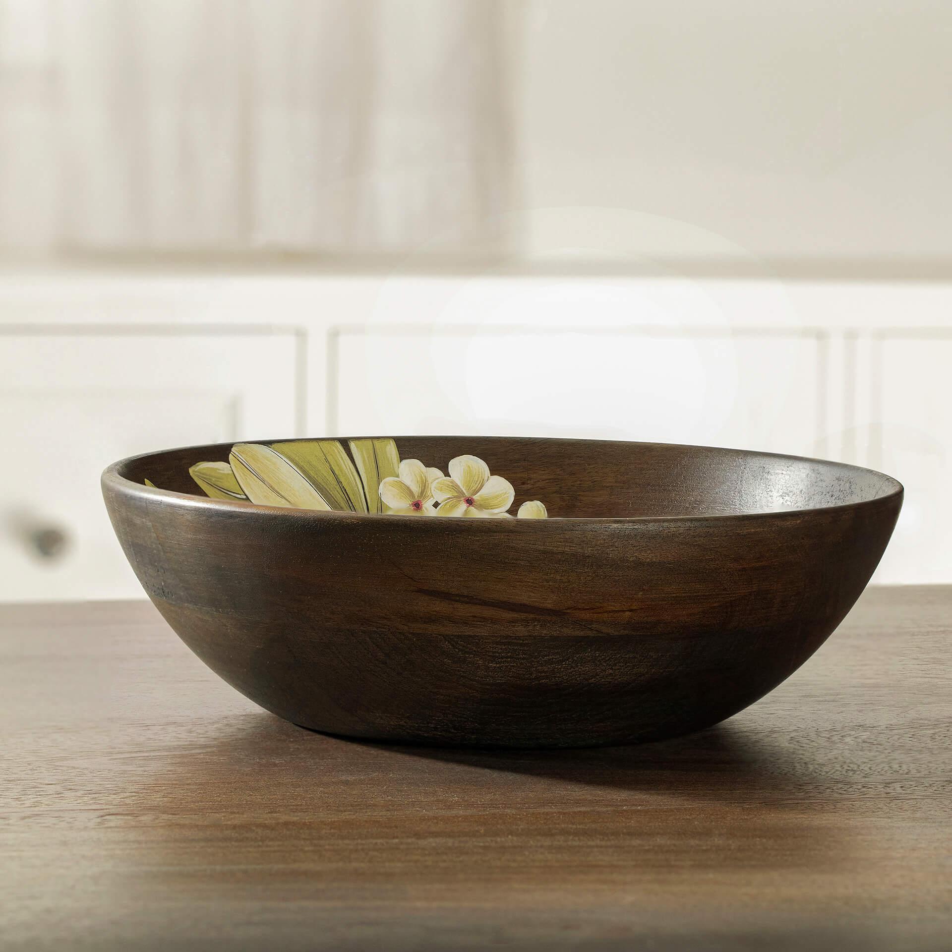 Hand-Painted Floral Mango Wood Salad Bowl