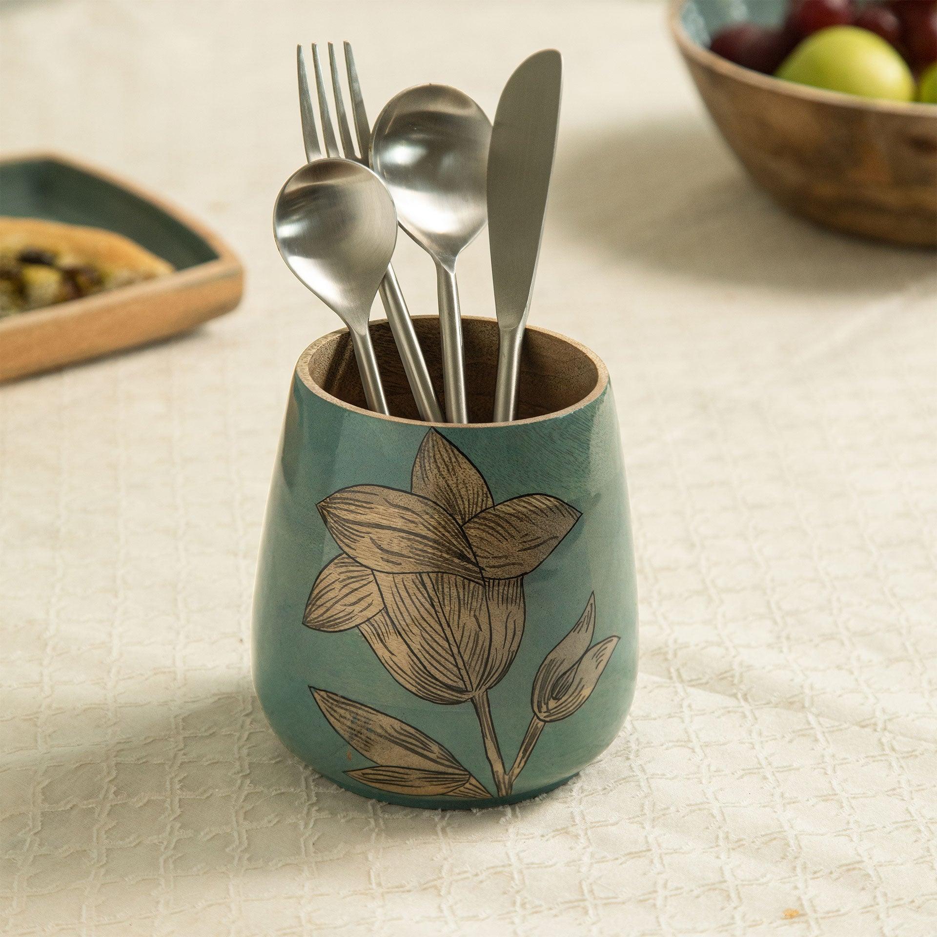 Enamel Mango Wood Cutlery Holder